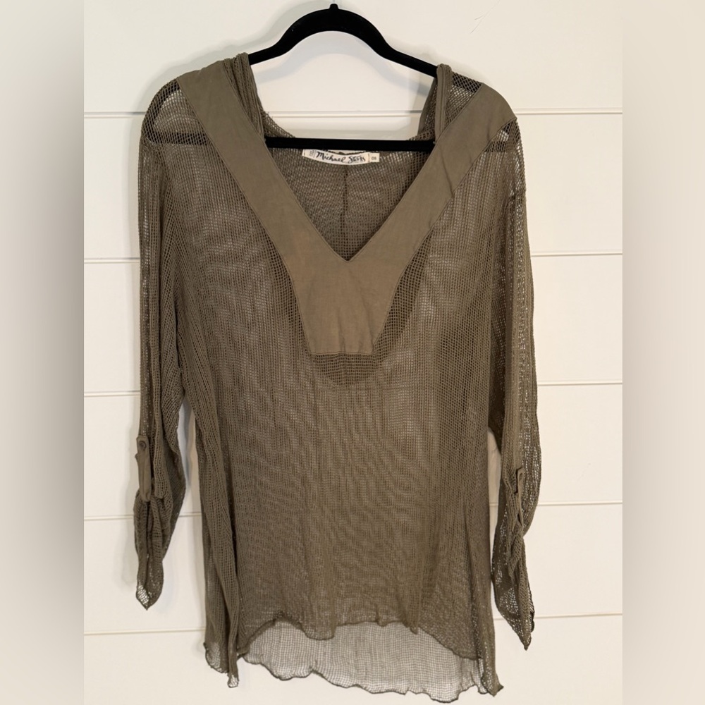 Michael Stars Olive Mesh V-Neck Coverup with hood (OS)